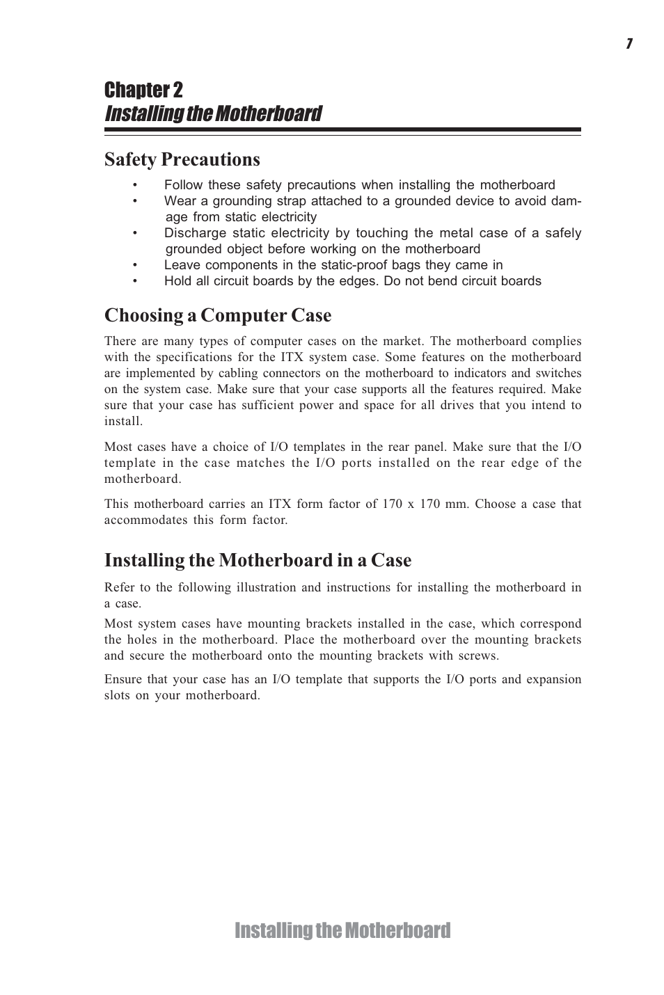 Installing the motherboard, Installing the motherboard chapter 2, Safety precautions | Choosing a computer case, Installing the motherboard in a case | Elitegroup CDC-I (V1.0) User Manual | Page 11 / 56