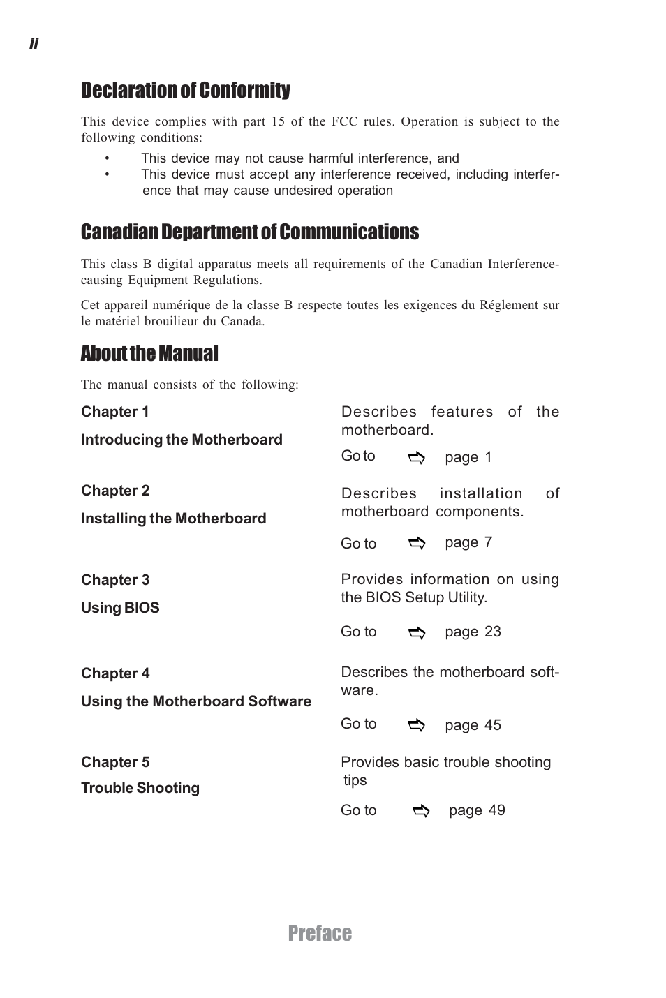 Preface declaration of conformity, Canadian department of communications, About the manual | Elitegroup CDC-I (V1.0) User Manual | Page 2 / 56