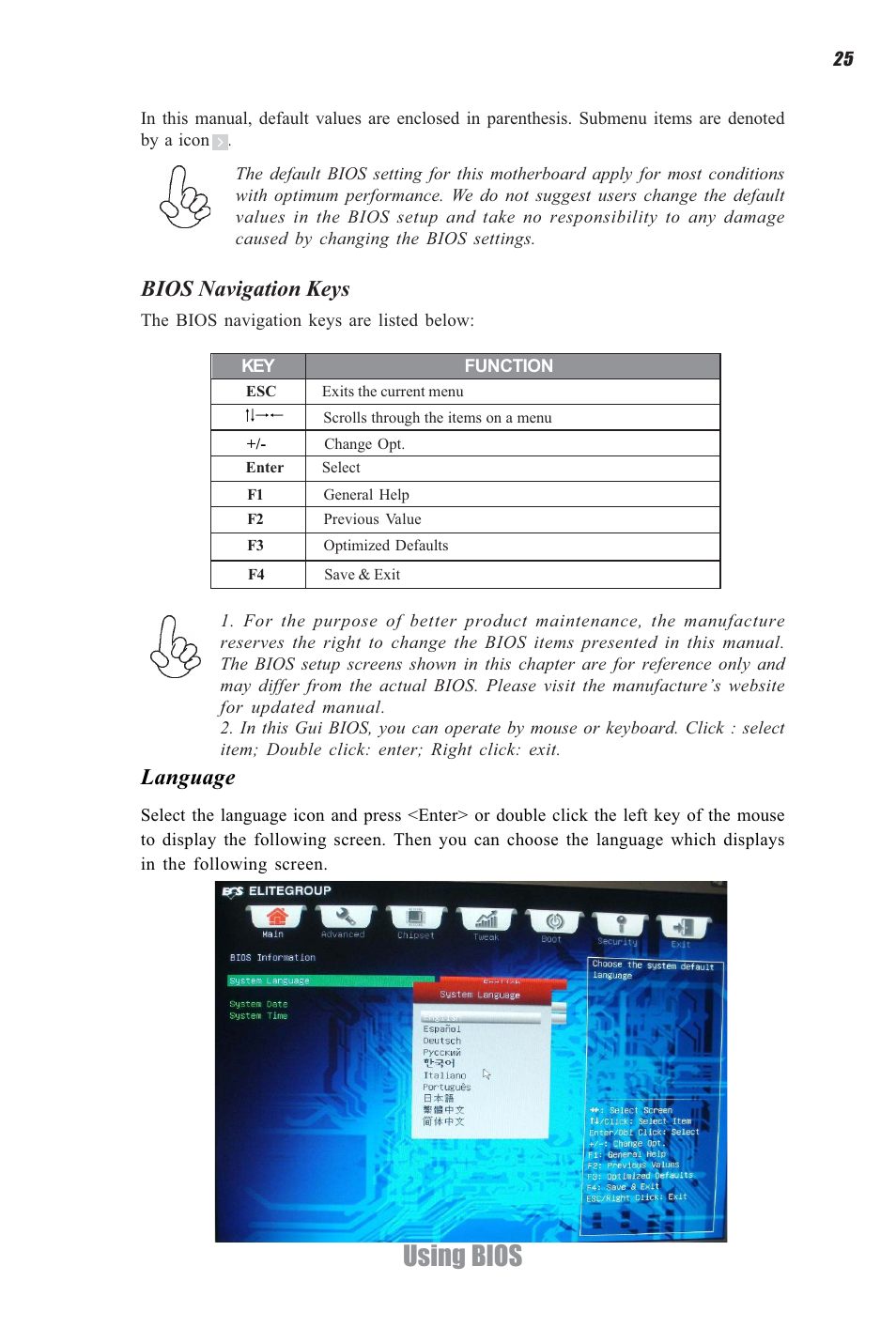 Using bios, Bios navigation keys, Language | Elitegroup CDC-I (V1.0) User Manual | Page 29 / 56