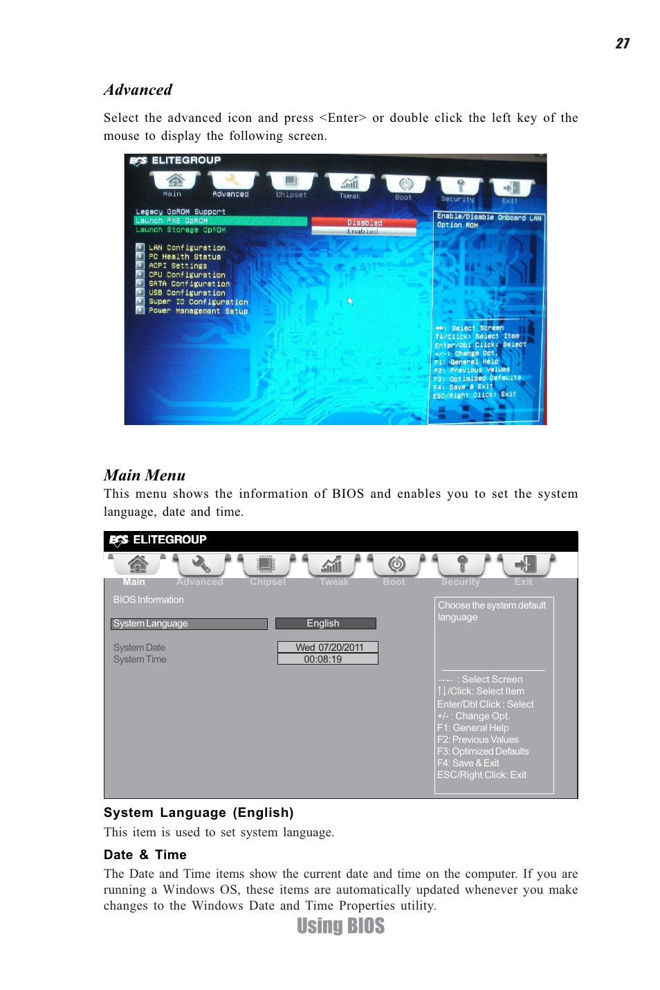Using bios, Main menu, Advanced | Elitegroup CDC-I (V1.0) User Manual | Page 31 / 56