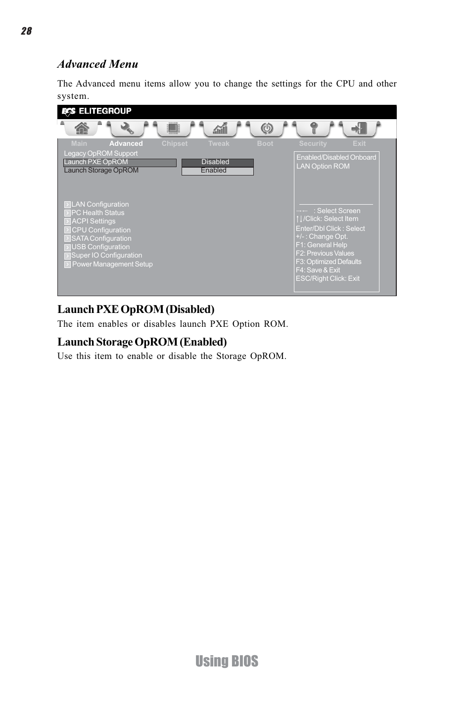 Using bios, Advanced menu launch pxe oprom (disabled), Launch storage oprom (enabled) | Elitegroup CDC-I (V1.0) User Manual | Page 32 / 56