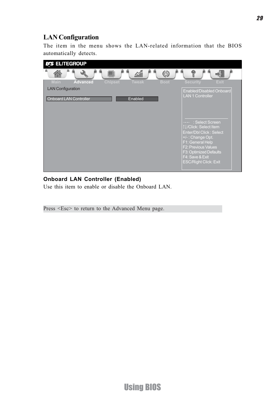 Using bios, Lan configuration | Elitegroup CDC-I (V1.0) User Manual | Page 33 / 56