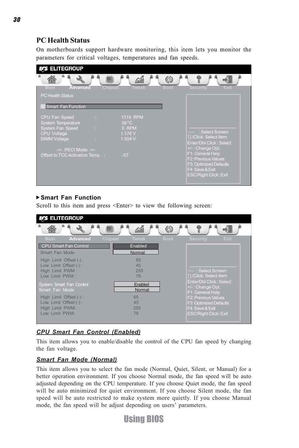 Using bios, Pc health status | Elitegroup CDC-I (V1.0) User Manual | Page 34 / 56