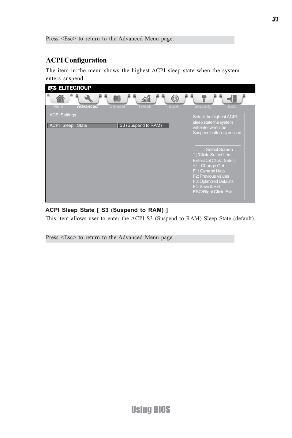 Using bios, Acpi configuration | Elitegroup CDC-I (V1.0) User Manual | Page 35 / 56