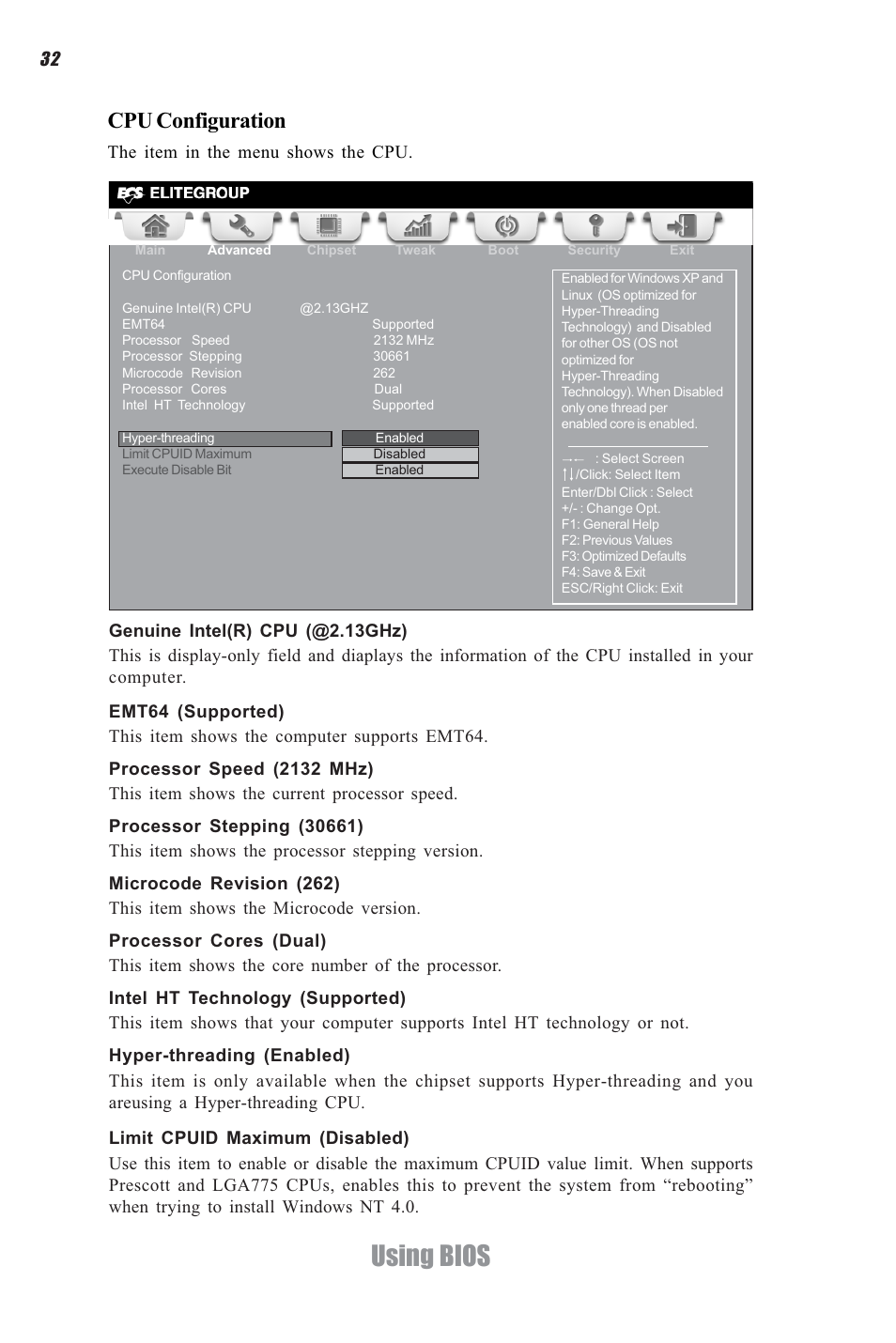 Using bios, Cpu configuration | Elitegroup CDC-I (V1.0) User Manual | Page 36 / 56