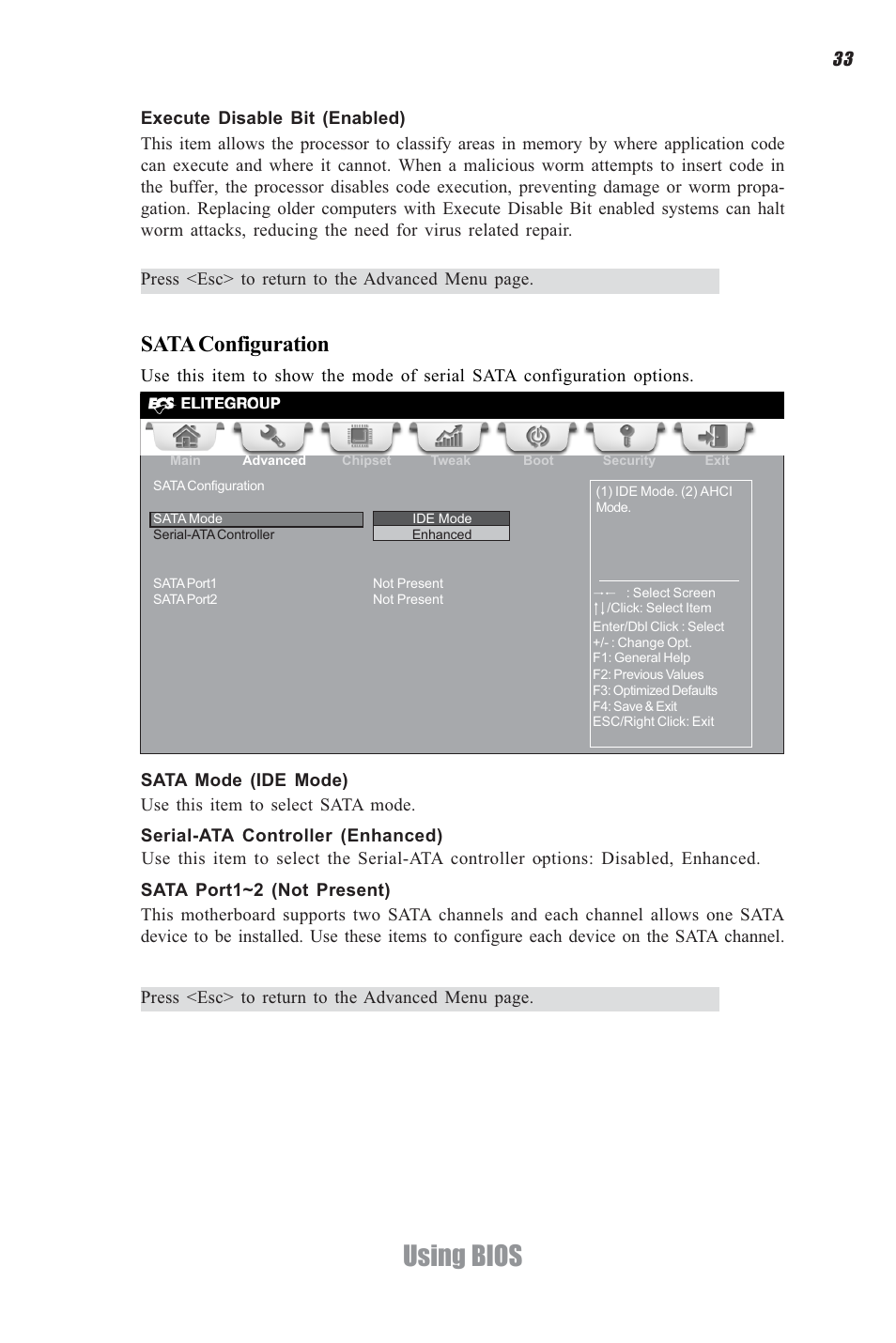 Using bios, Sata configuration | Elitegroup CDC-I (V1.0) User Manual | Page 37 / 56