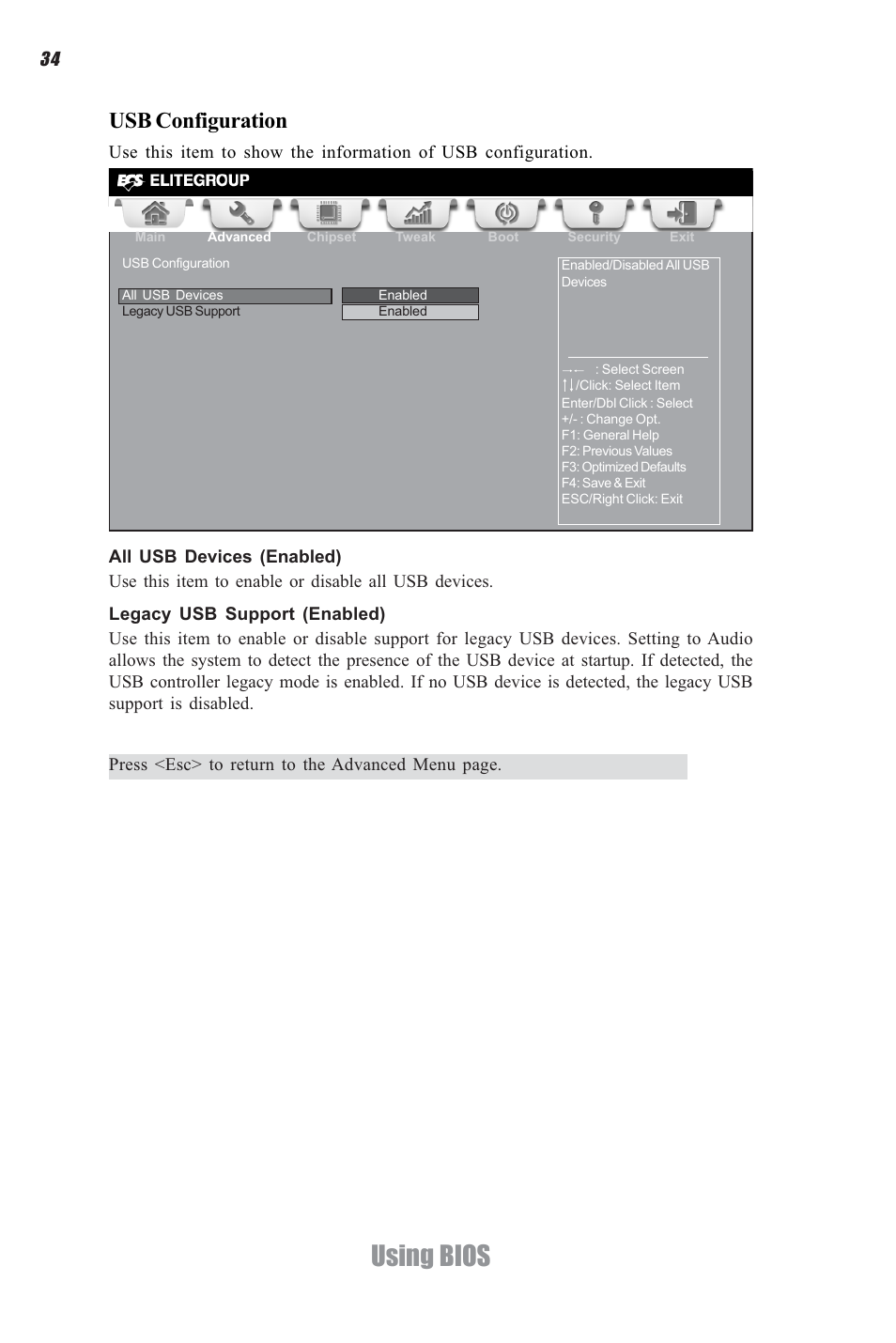 Using bios, Usb configuration | Elitegroup CDC-I (V1.0) User Manual | Page 38 / 56
