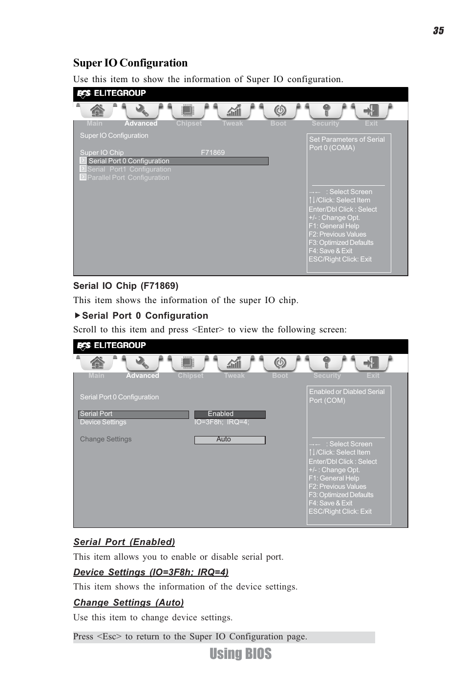 Using bios, Super io configuration | Elitegroup CDC-I (V1.0) User Manual | Page 39 / 56