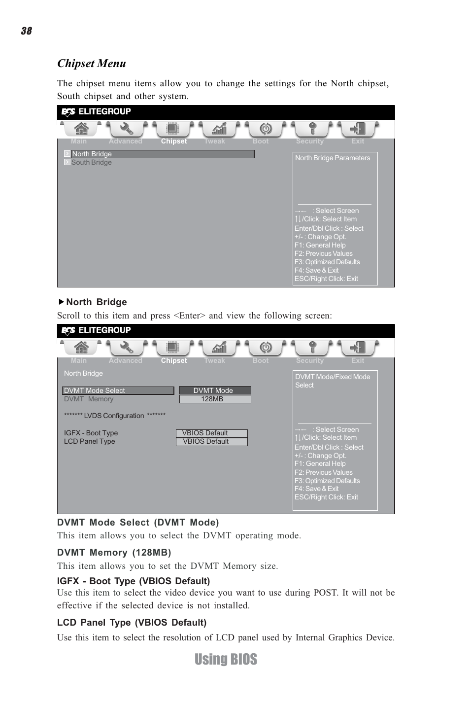 Using bios, Chipset menu | Elitegroup CDC-I (V1.0) User Manual | Page 42 / 56