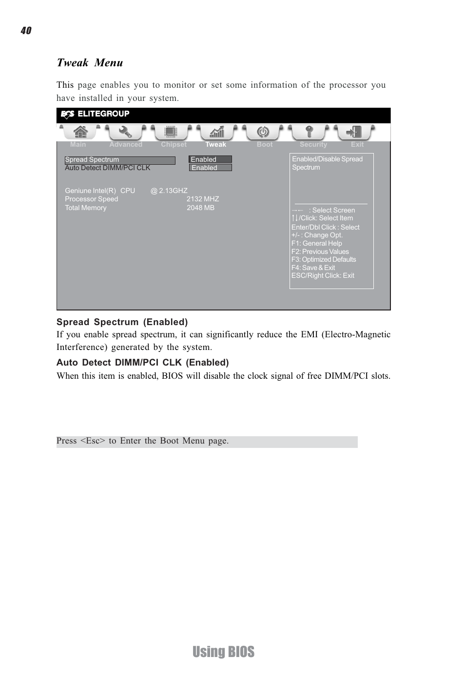 Using bios, Tweak menu | Elitegroup CDC-I (V1.0) User Manual | Page 44 / 56