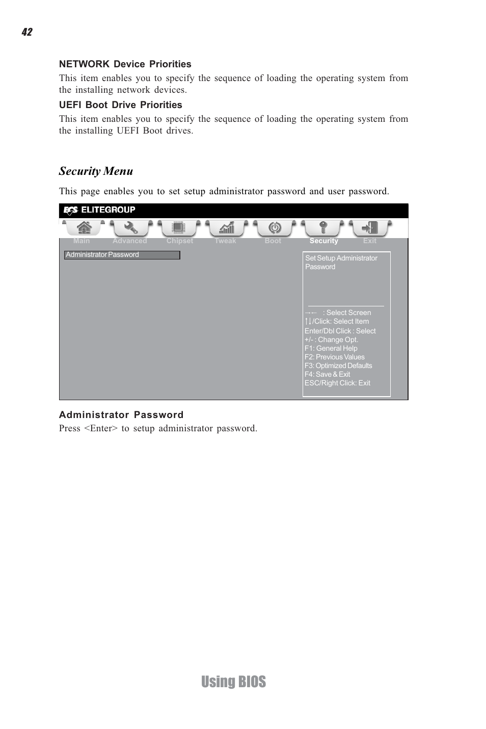Using bios, Security menu | Elitegroup CDC-I (V1.0) User Manual | Page 46 / 56