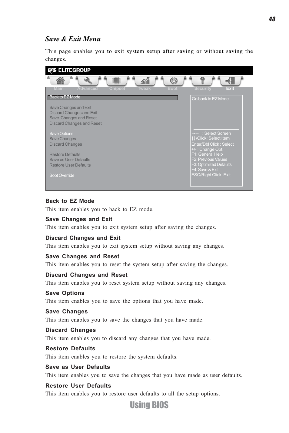 Using bios, Save & exit menu | Elitegroup CDC-I (V1.0) User Manual | Page 47 / 56