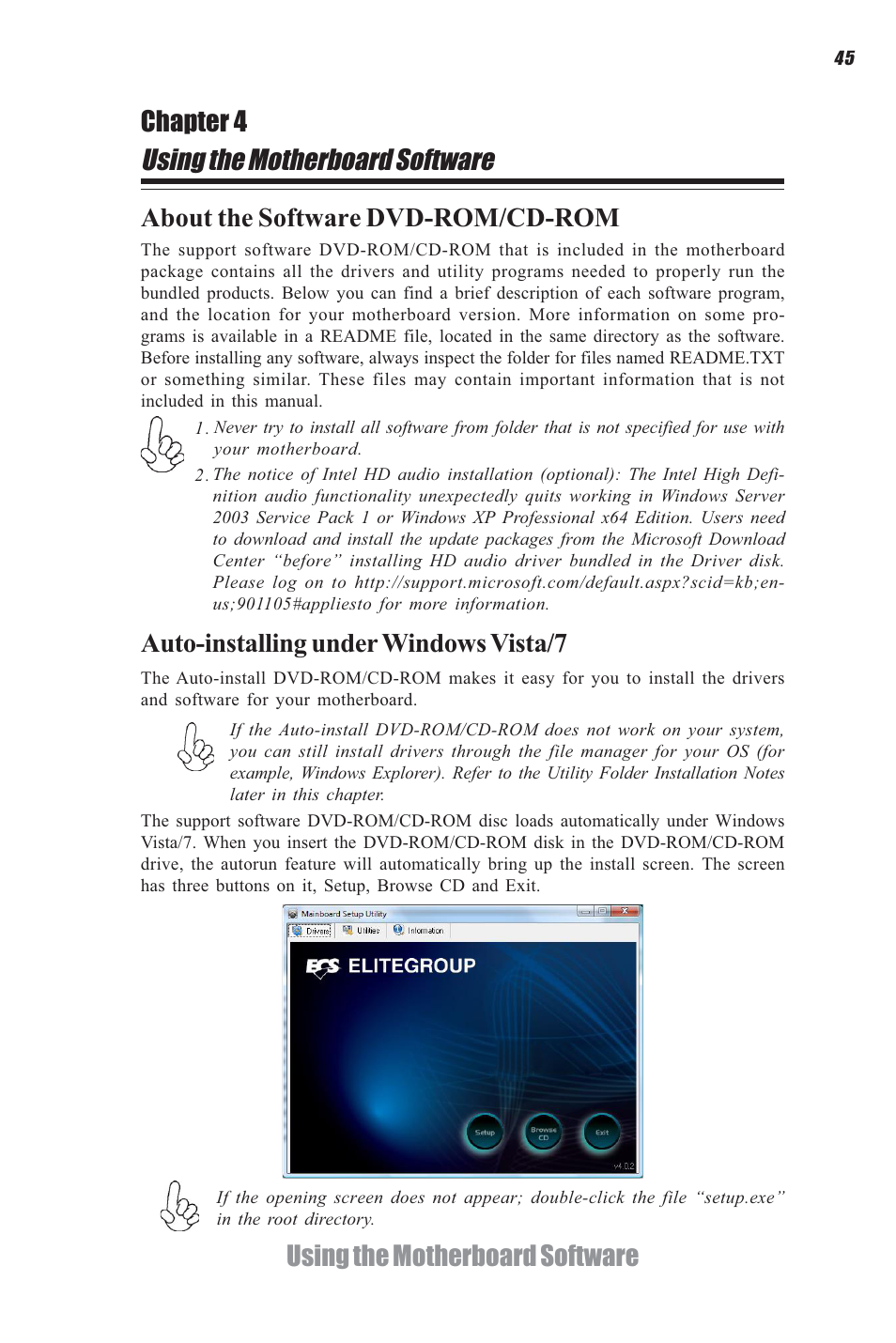 Using the motherboard software, Using the motherboard software chapter 4, Auto-installing under windows vista/7 | About the software dvd-rom/cd-rom | Elitegroup CDC-I (V1.0) User Manual | Page 49 / 56