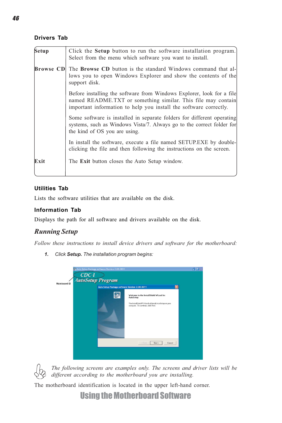 Using the motherboard software, Running setup | Elitegroup CDC-I (V1.0) User Manual | Page 50 / 56