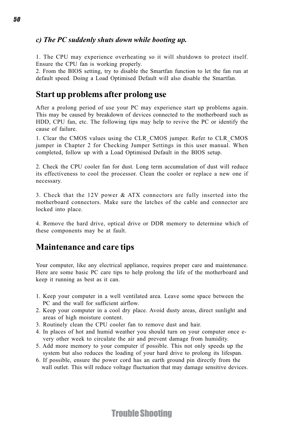 Trouble shooting, Maintenance and care tips, Start up problems after prolong use | Elitegroup CDC-I (V1.0) User Manual | Page 54 / 56