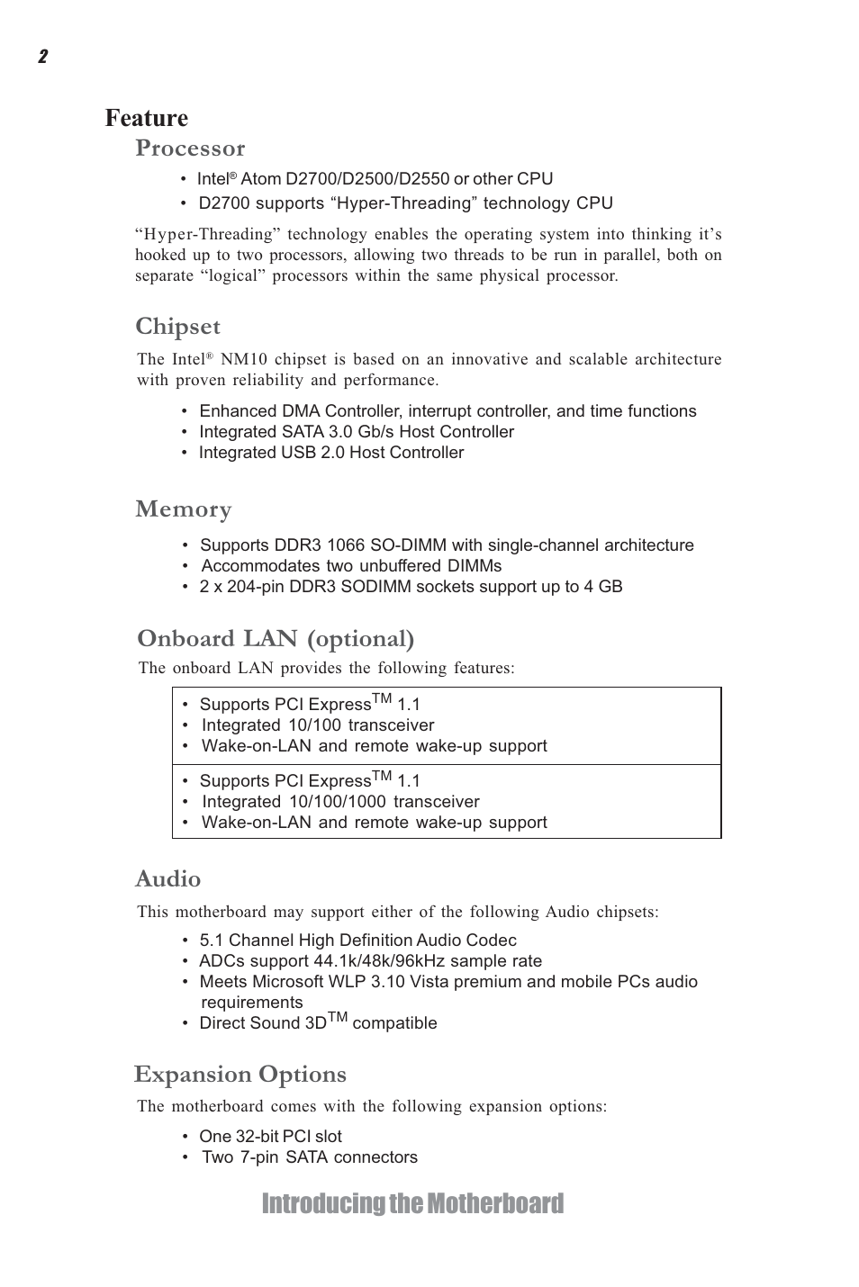 Introducing the motherboard feature processor, Chipset, Onboard lan (optional) | Expansion options, Audio | Elitegroup CDC-I (V1.0) User Manual | Page 6 / 56