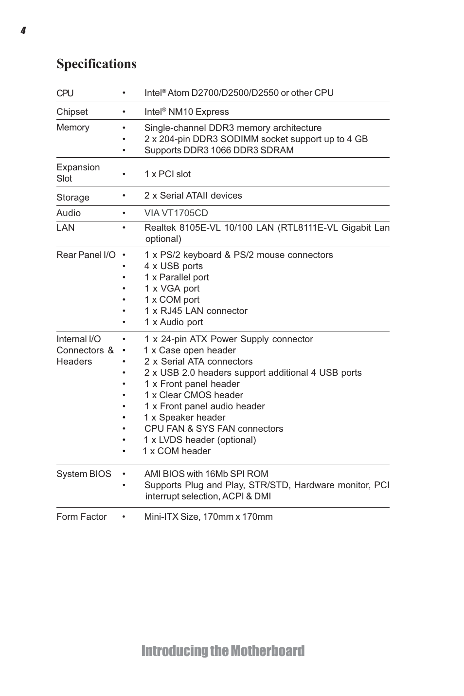 Introducing the motherboard, Specifications | Elitegroup CDC-I (V1.0) User Manual | Page 8 / 56