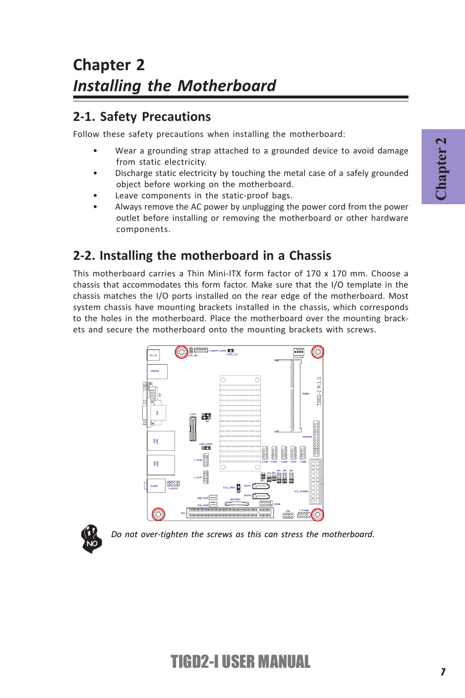 Chapter 2 installing the motherboard, Tigd2-i user manual, Chapter 2 | Elitegroup TIGD2-I (V1.0) User Manual | Page 11 / 54