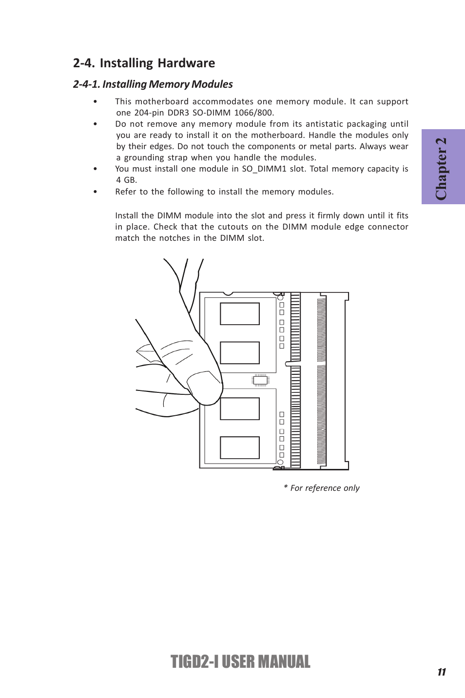 Tigd2-i user manual, Chapter 2, 4. installing hardware | Elitegroup TIGD2-I (V1.0) User Manual | Page 15 / 54