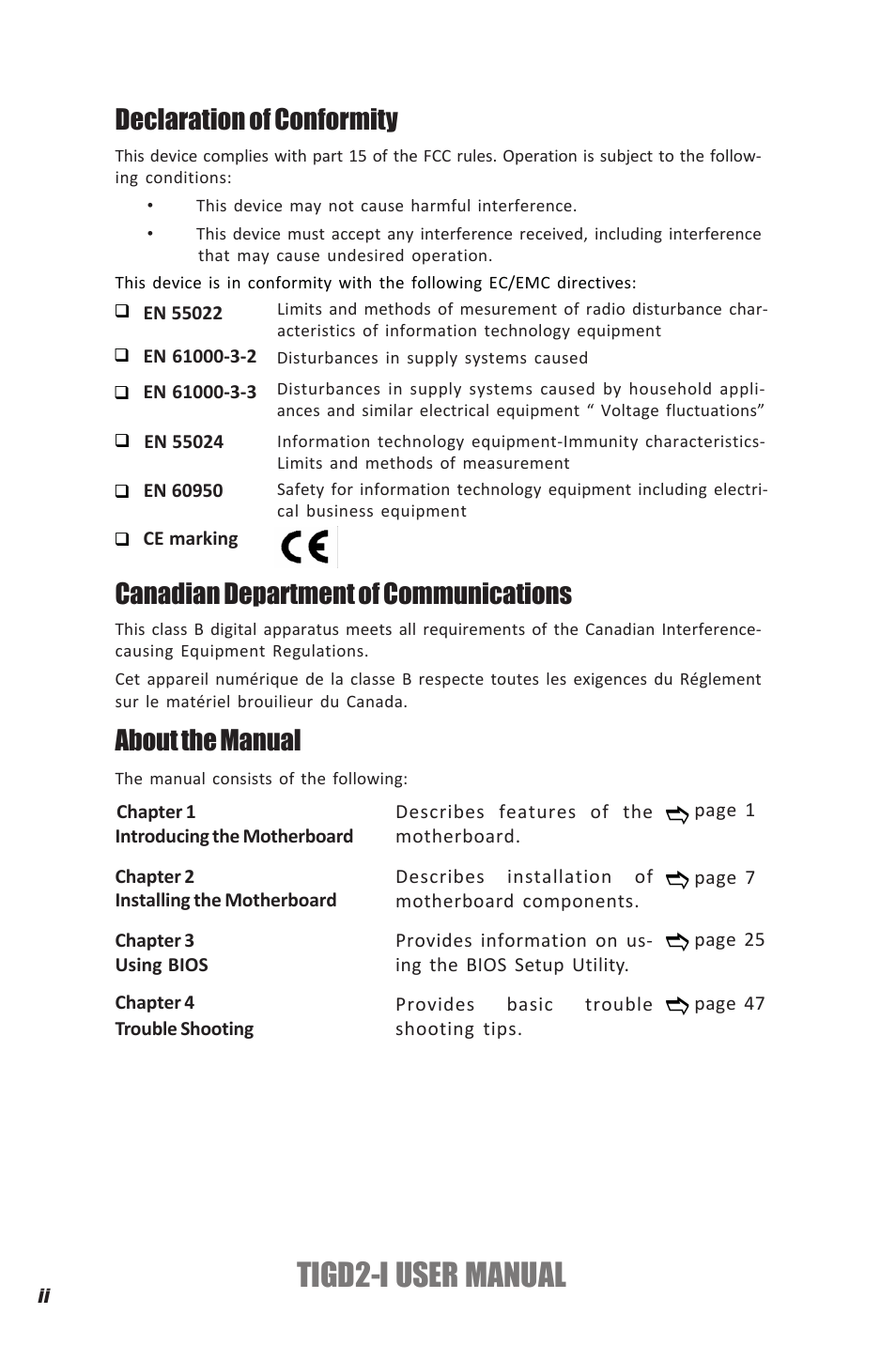 Tigd2-i user manual, Declaration of conformity, Canadian department of communications | About the manual | Elitegroup TIGD2-I (V1.0) User Manual | Page 2 / 54