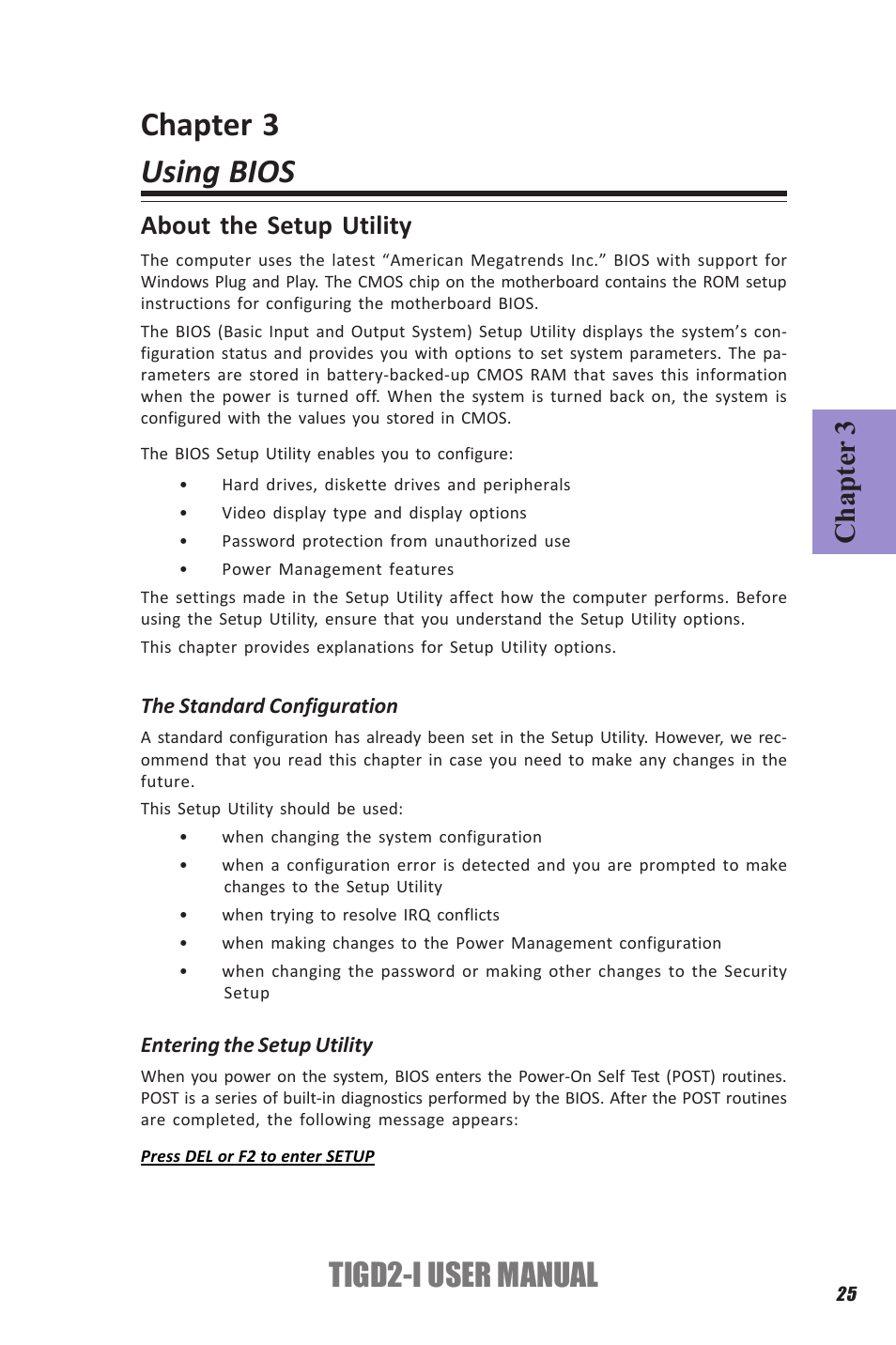 Chapter 3 using bios, Tigd2-i user manual, Chapter 3 | About the setup utility | Elitegroup TIGD2-I (V1.0) User Manual | Page 29 / 54