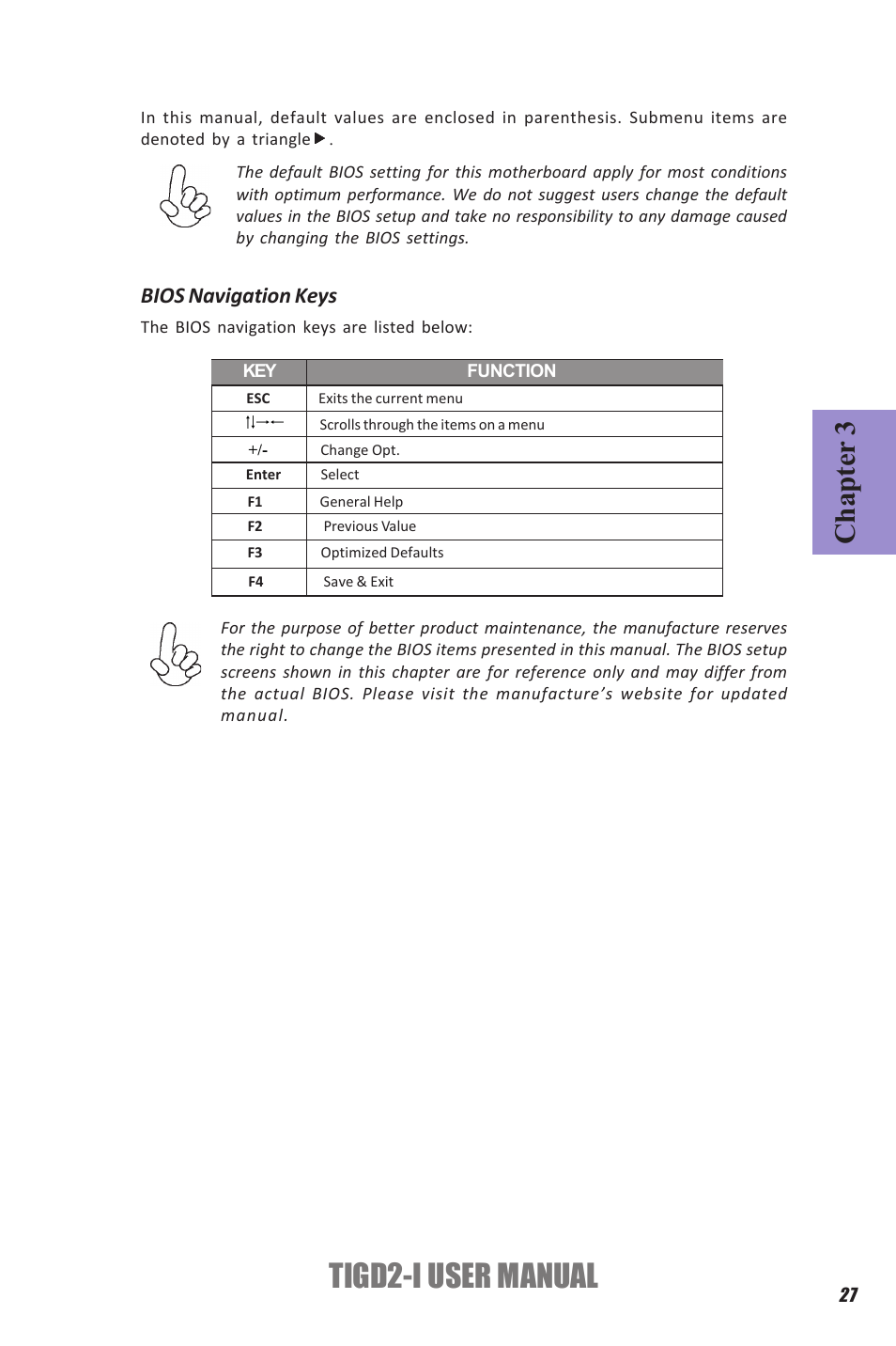 Tigd2-i user manual, Chapter 3, Bios navigation keys | Elitegroup TIGD2-I (V1.0) User Manual | Page 31 / 54