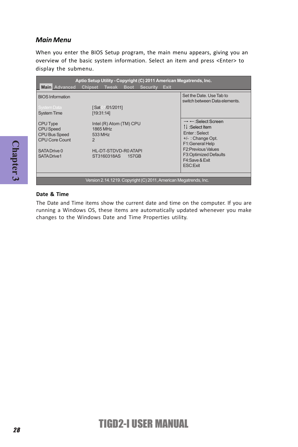 Tigd2-i user manual, Chapter 3, Main menu | Elitegroup TIGD2-I (V1.0) User Manual | Page 32 / 54