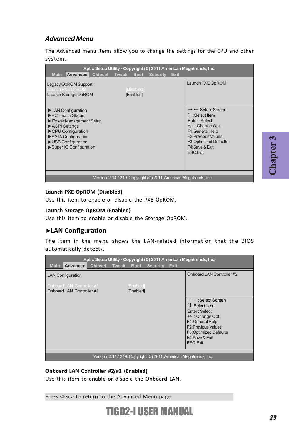 Tigd2-i user manual, Chapter 3, Advanced menu | Lan configuration | Elitegroup TIGD2-I (V1.0) User Manual | Page 33 / 54