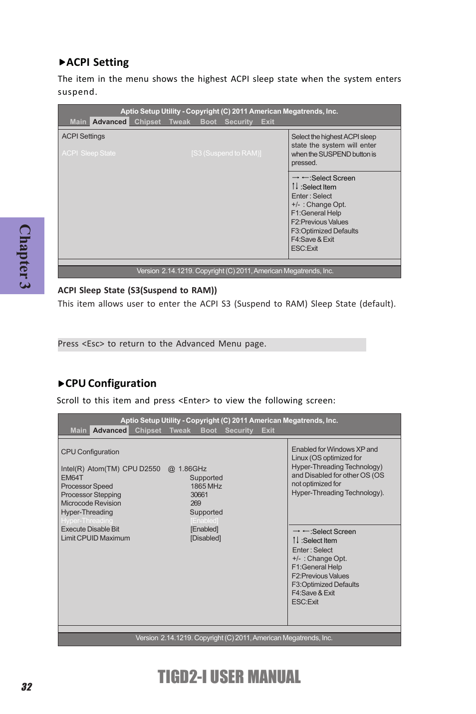 Tigd2-i user manual, Chapter 3, Acpi setting | Cpu configuration | Elitegroup TIGD2-I (V1.0) User Manual | Page 36 / 54