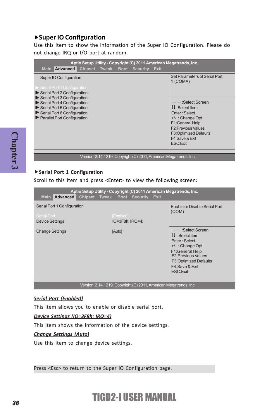 Tigd2-i user manual, Chapter 3, Super io configuration | Elitegroup TIGD2-I (V1.0) User Manual | Page 40 / 54