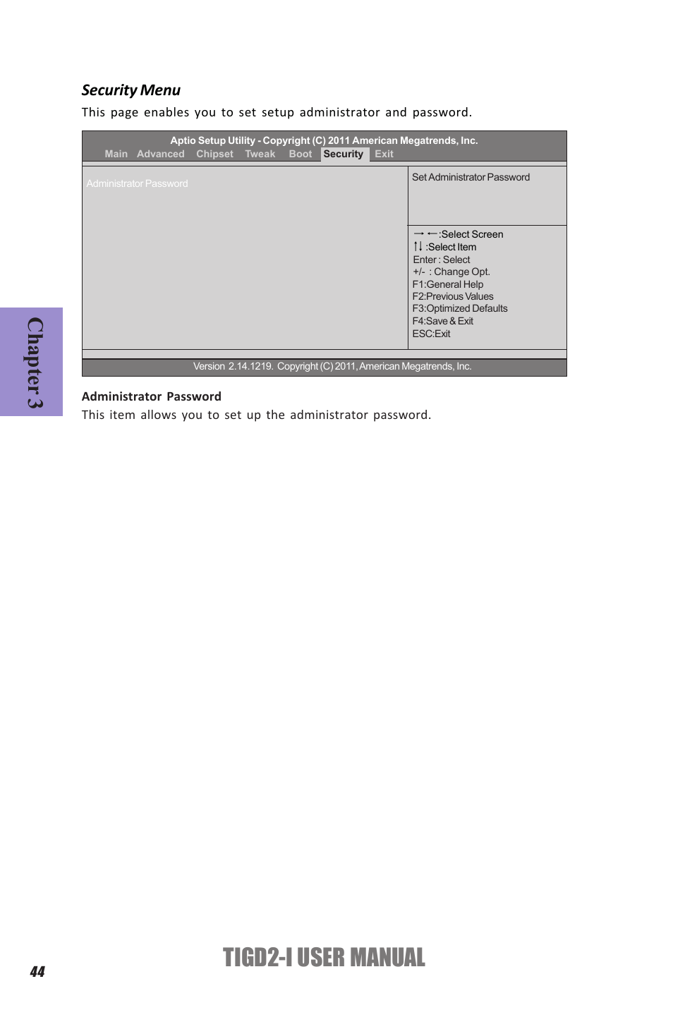 Tigd2-i user manual, Chapter 3, Security menu | Elitegroup TIGD2-I (V1.0) User Manual | Page 48 / 54