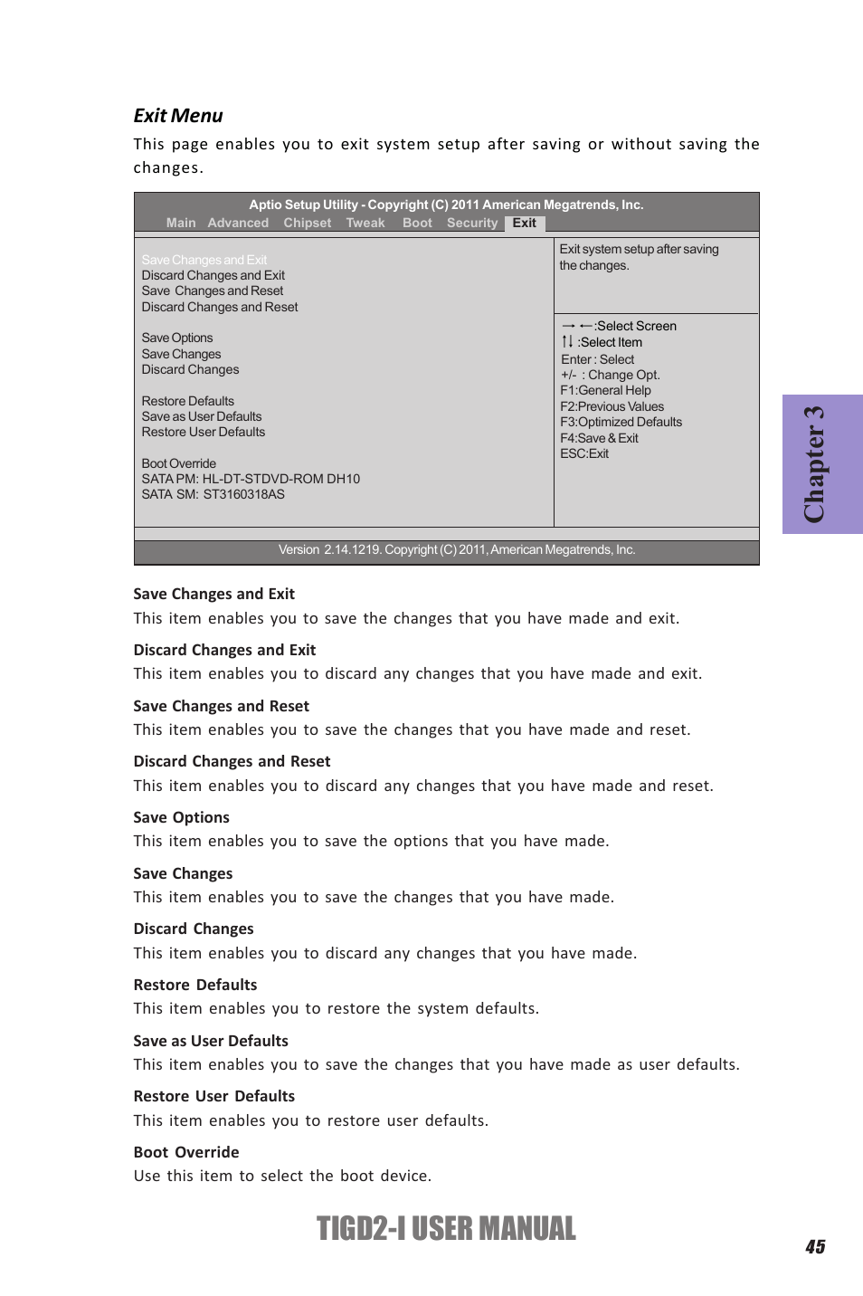 Tigd2-i user manual, Chapter 3, Exit menu | Elitegroup TIGD2-I (V1.0) User Manual | Page 49 / 54