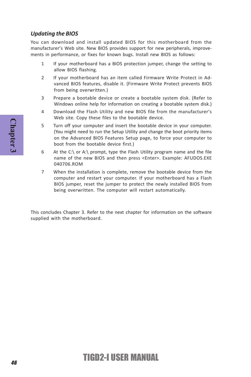 Tigd2-i user manual, Chapter 3, Updating the bios | Elitegroup TIGD2-I (V1.0) User Manual | Page 50 / 54