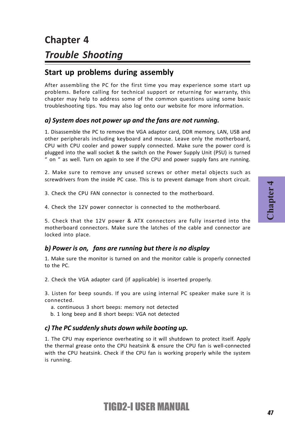 Chapter 4 trouble shooting, Tigd2-i user manual, Chapter 4 | Start up problems during assembly | Elitegroup TIGD2-I (V1.0) User Manual | Page 51 / 54