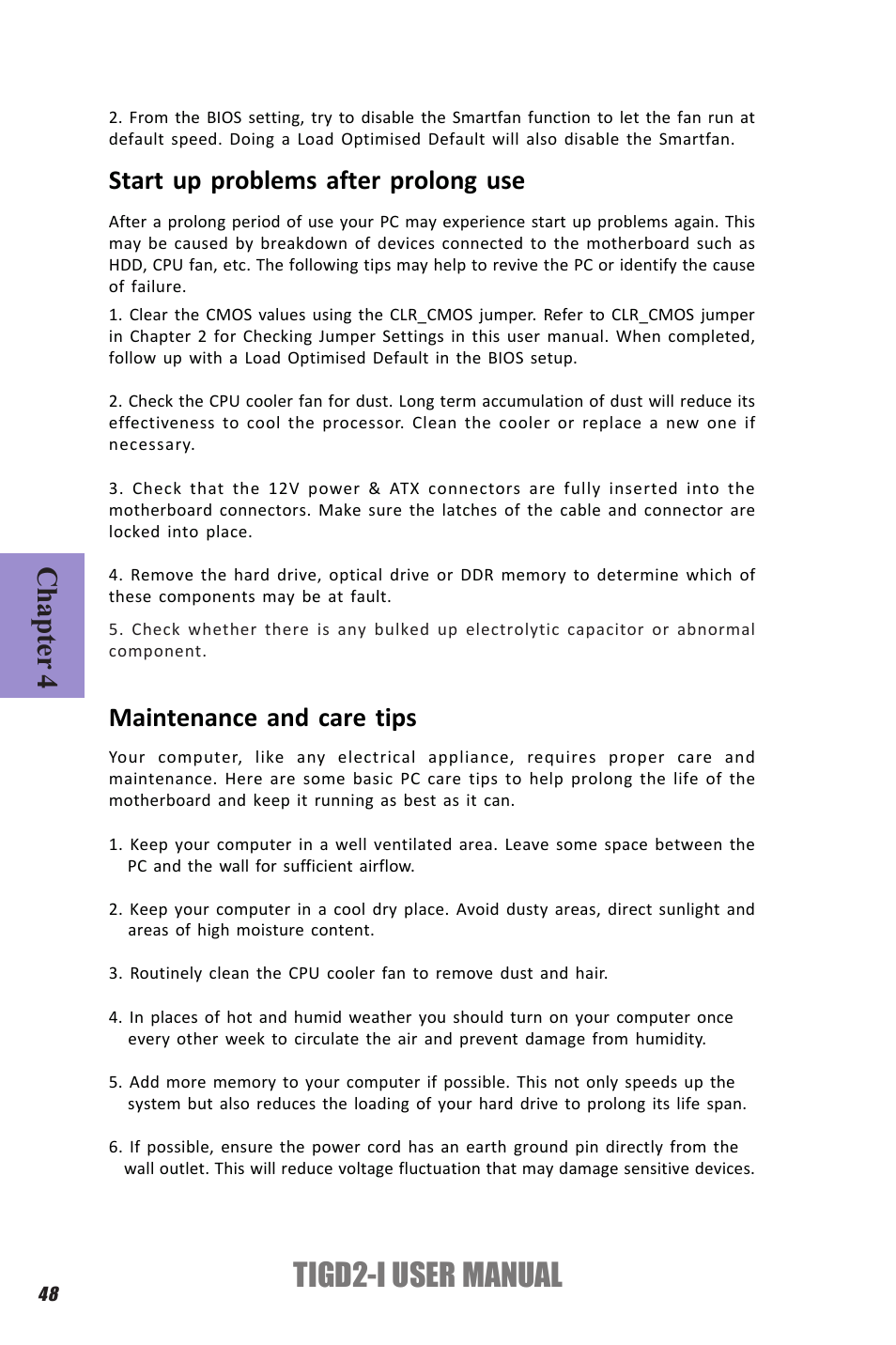 Tigd2-i user manual, Chapter 4, Start up problems after prolong use | Maintenance and care tips | Elitegroup TIGD2-I (V1.0) User Manual | Page 52 / 54