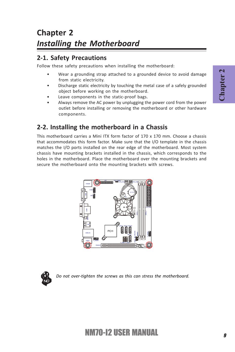 Chapter 2 installing the motherboard, Nm70-i2 user manual, Chapter 2 | Elitegroup NM70-I2 (V1.0) User Manual | Page 13 / 66