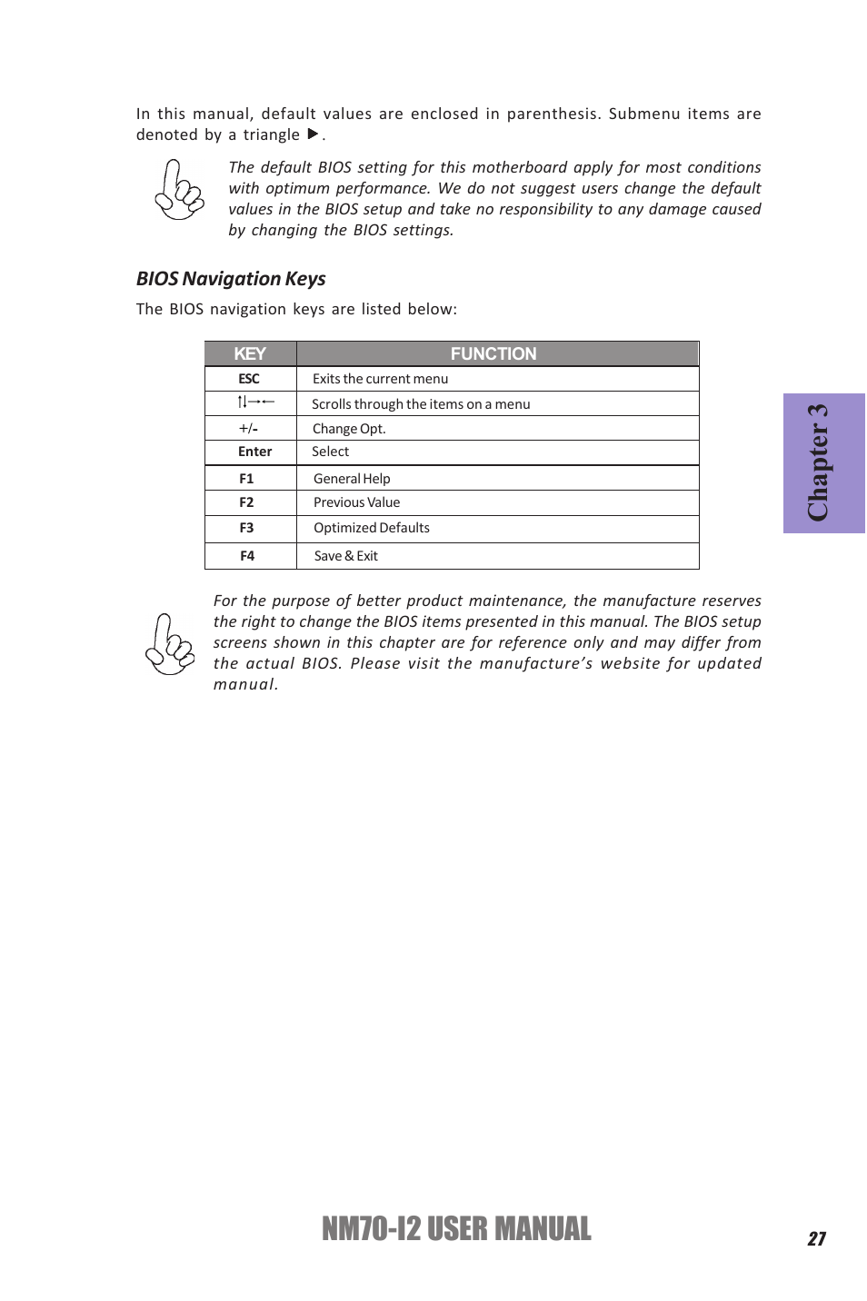Nm70-i2 user manual, Chapter 3, Bios navigation keys | Elitegroup NM70-I2 (V1.0) User Manual | Page 31 / 66