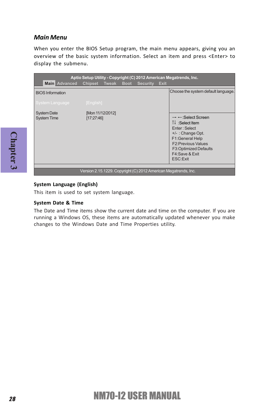 Nm70-i2 user manual, Chapter 3, Main menu | Elitegroup NM70-I2 (V1.0) User Manual | Page 32 / 66