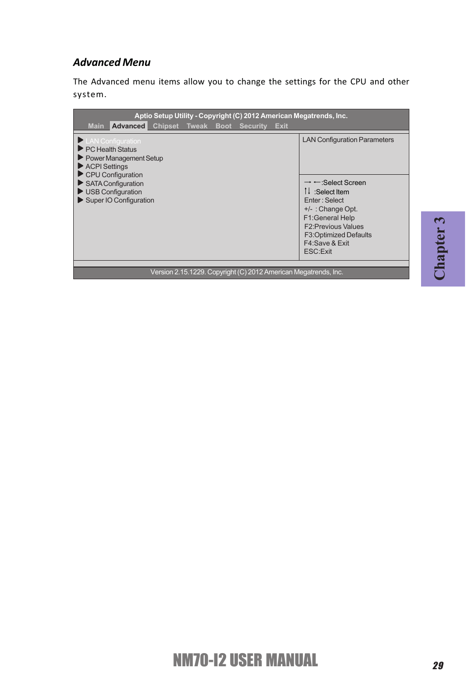 Nm70-i2 user manual, Chapter 3, Advanced menu | Elitegroup NM70-I2 (V1.0) User Manual | Page 33 / 66