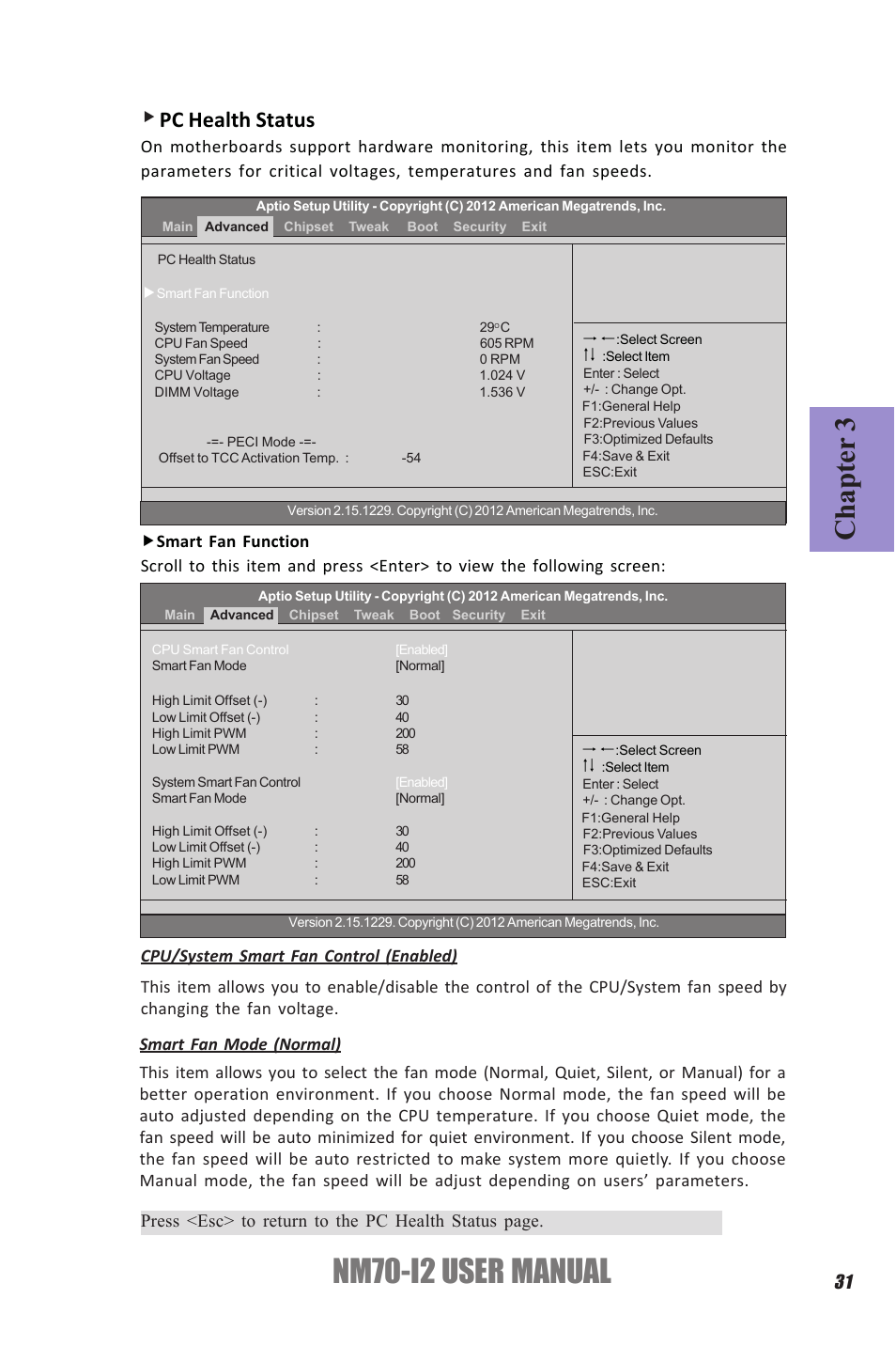 Nm70-i2 user manual, Chapter 3, Pc health status | Elitegroup NM70-I2 (V1.0) User Manual | Page 35 / 66
