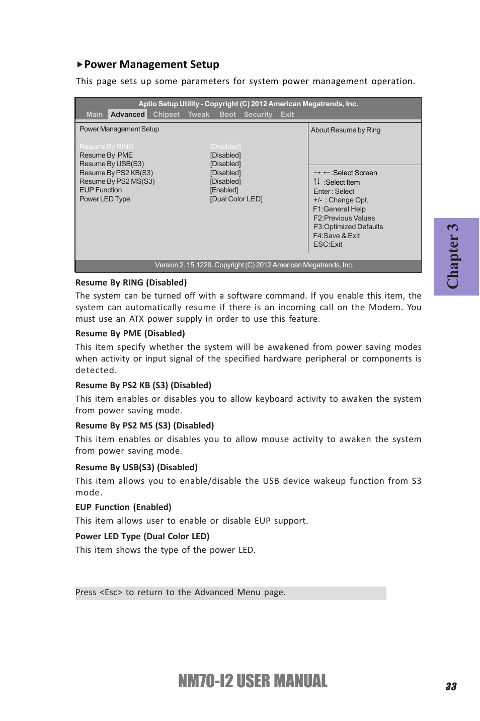 Nm70-i2 user manual, Chapter 3, Power management setup | Elitegroup NM70-I2 (V1.0) User Manual | Page 37 / 66