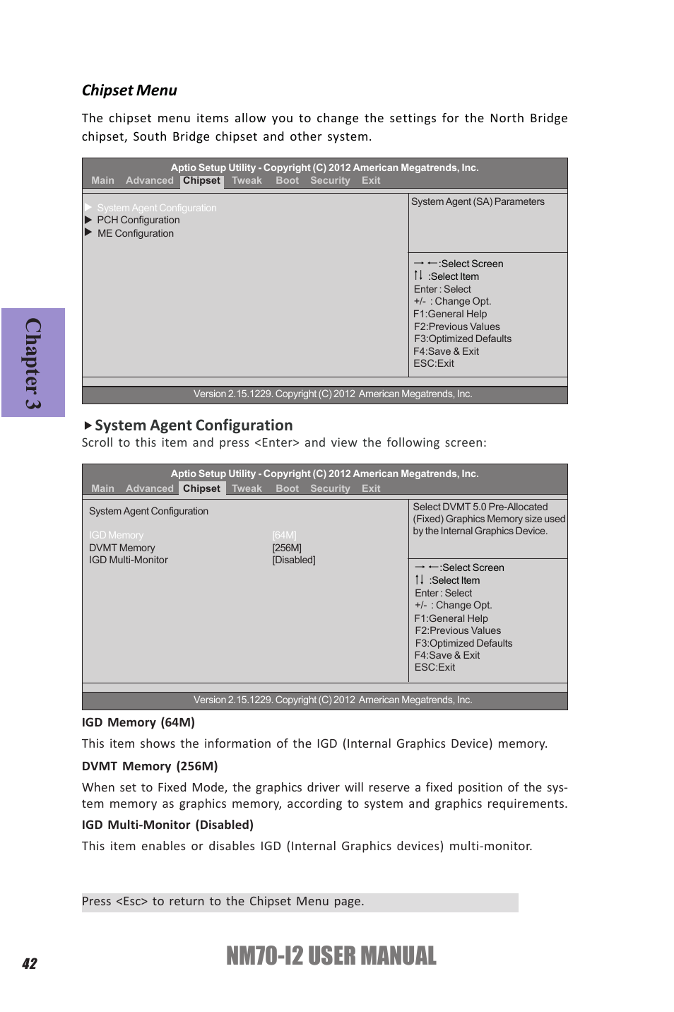 Nm70-i2 user manual, Chapter 3, Chipset menu | System agent configuration | Elitegroup NM70-I2 (V1.0) User Manual | Page 46 / 66