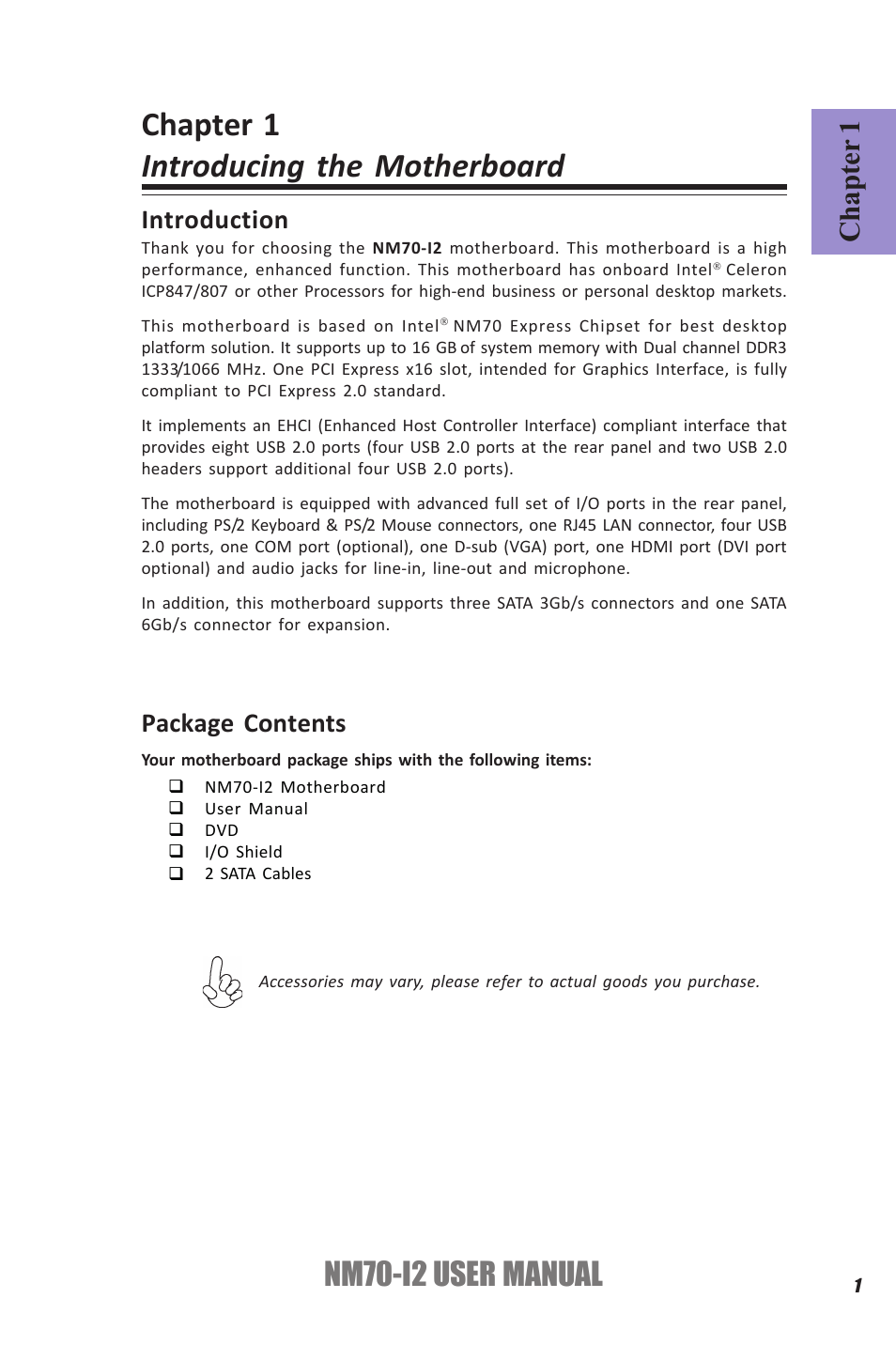 Chapter 1 introducing the motherboard, Nm70-i2 user manual, Chapter 1 | Introduction, Package contents | Elitegroup NM70-I2 (V1.0) User Manual | Page 5 / 66