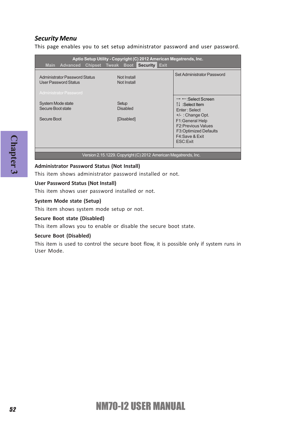Nm70-i2 user manual, Chapter 3, Security menu | Elitegroup NM70-I2 (V1.0) User Manual | Page 56 / 66