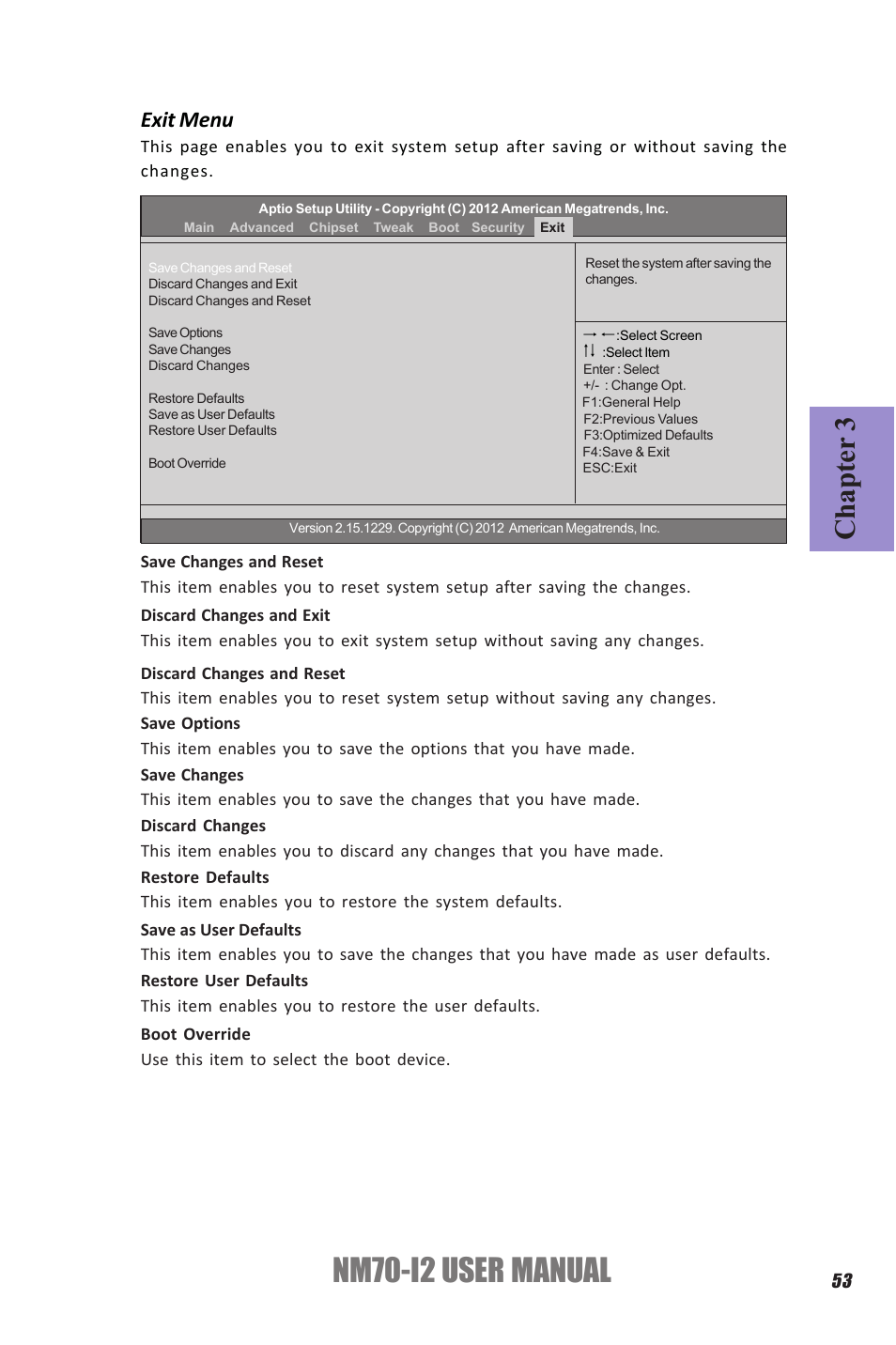 Nm70-i2 user manual, Chapter 3, Exit menu | Elitegroup NM70-I2 (V1.0) User Manual | Page 57 / 66