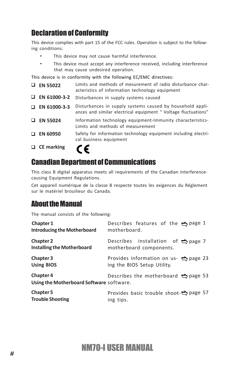 Nm70-i user manual, Declaration of conformity, Canadian department of communications | About the manual | Elitegroup NM70-I (V1.0) User Manual | Page 2 / 64
