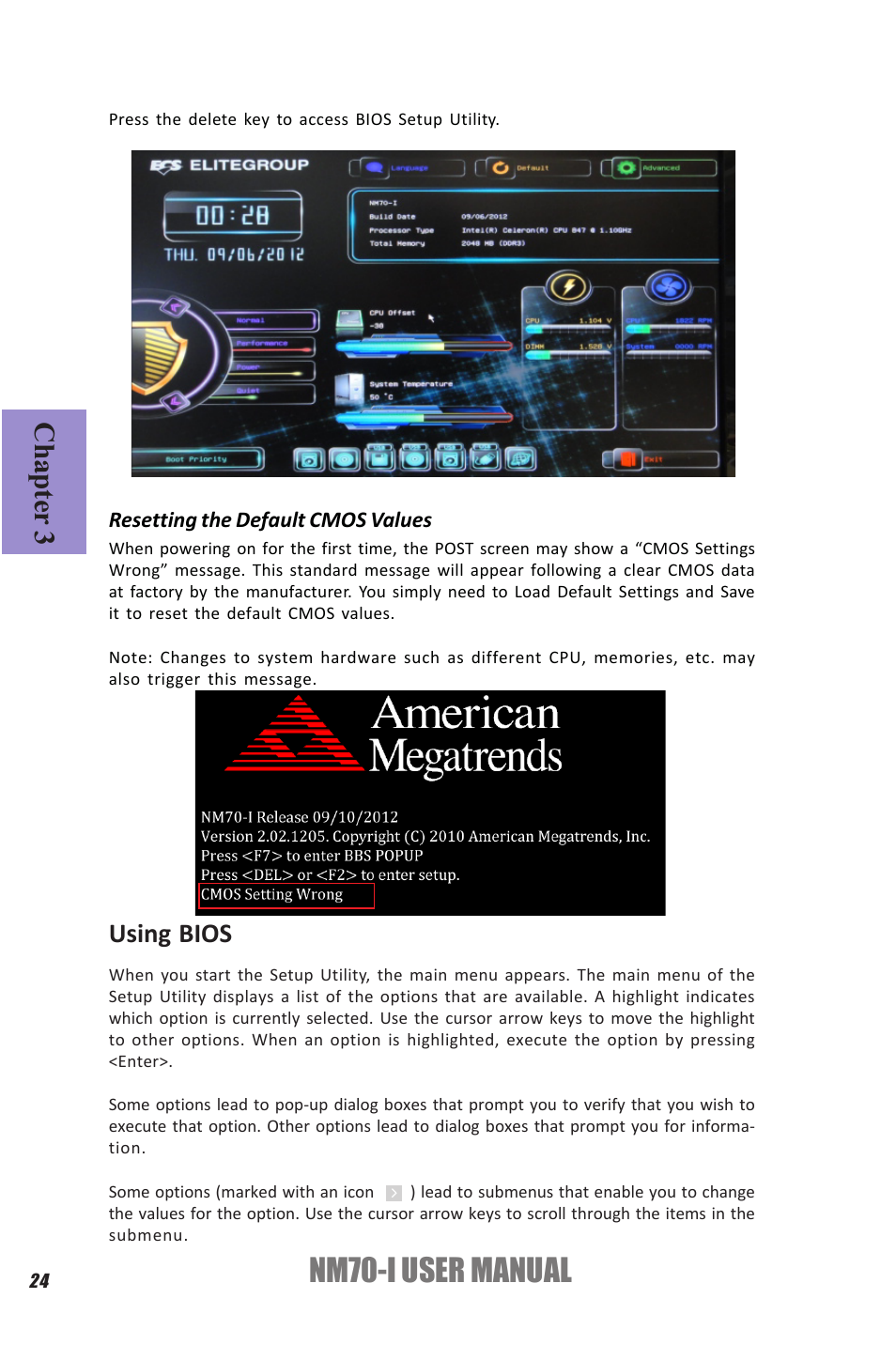Nm70-i user manual, Chapter 3, Using bios | Elitegroup NM70-I (V1.0) User Manual | Page 28 / 64