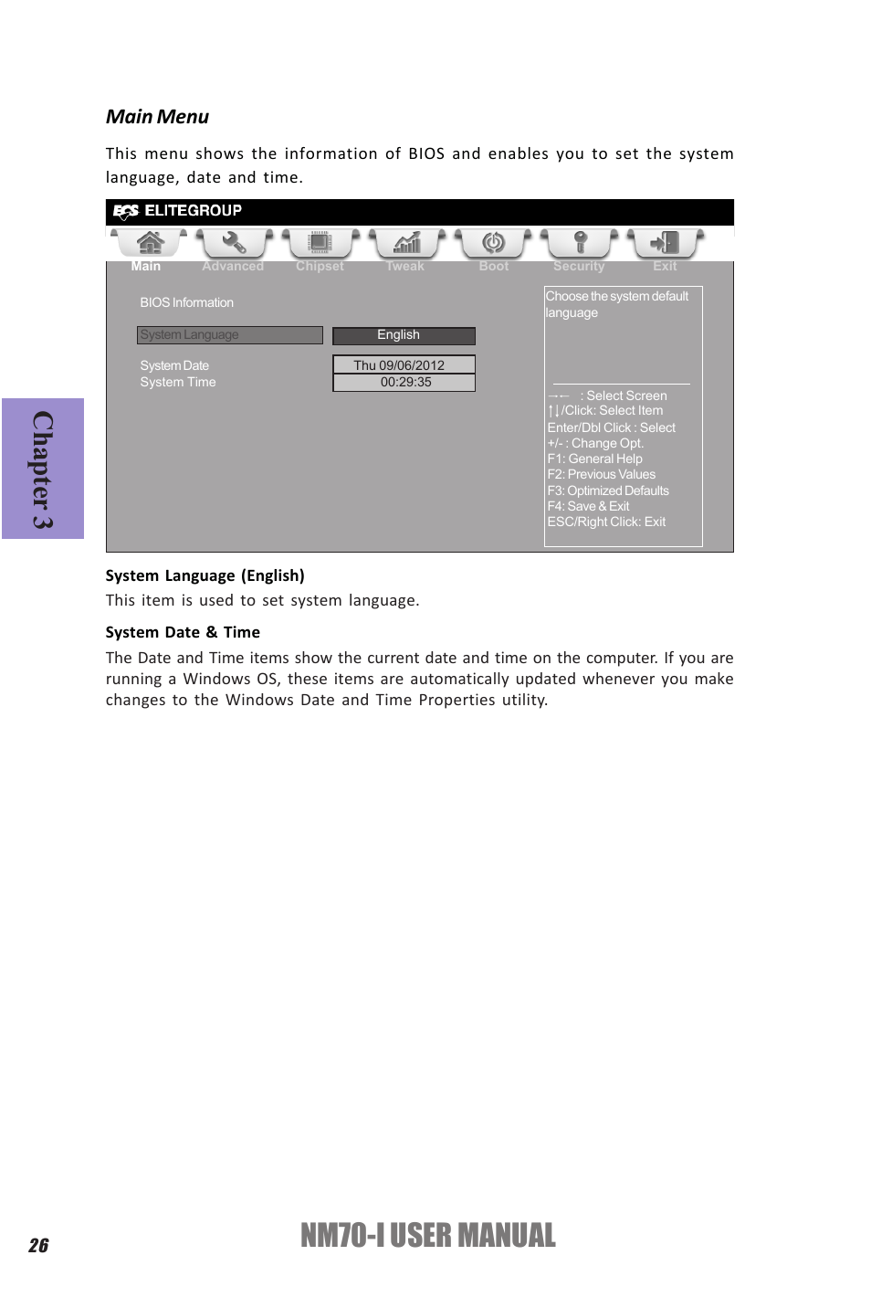Nm70-i user manual, Chapter 3, Main menu | Elitegroup NM70-I (V1.0) User Manual | Page 30 / 64