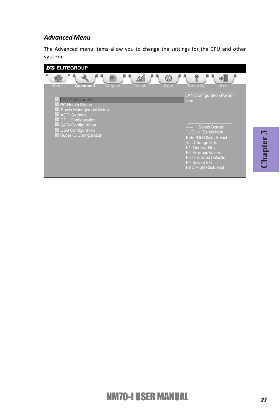 Nm70-i user manual, Chapter 3, Advanced menu | Elitegroup NM70-I (V1.0) User Manual | Page 31 / 64