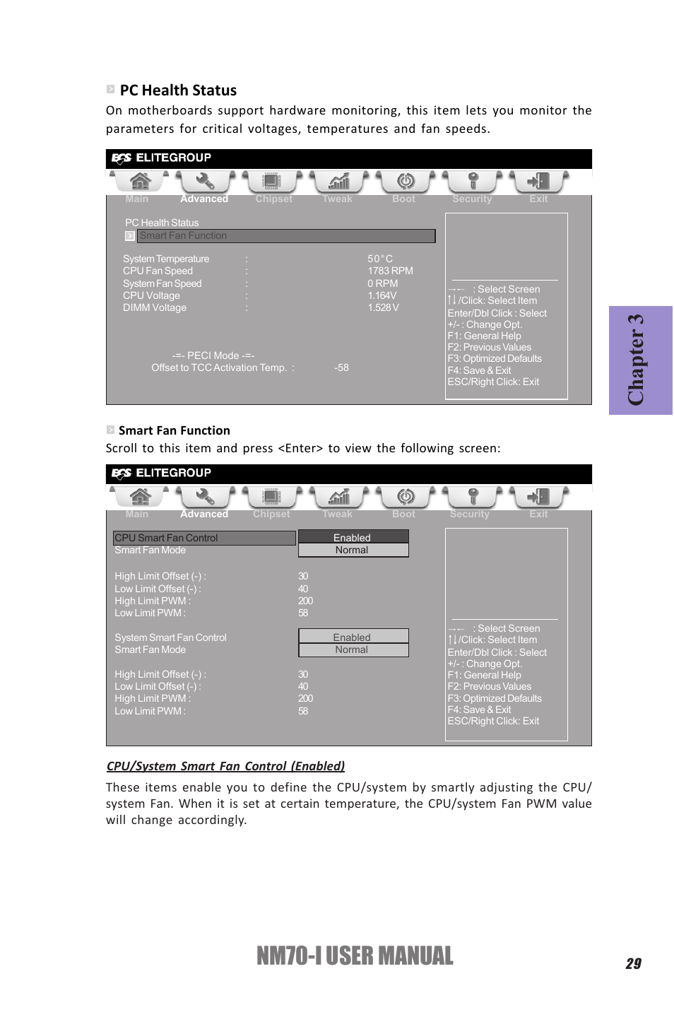 Nm70-i user manual, Chapter 3, Pc health status | Elitegroup NM70-I (V1.0) User Manual | Page 33 / 64